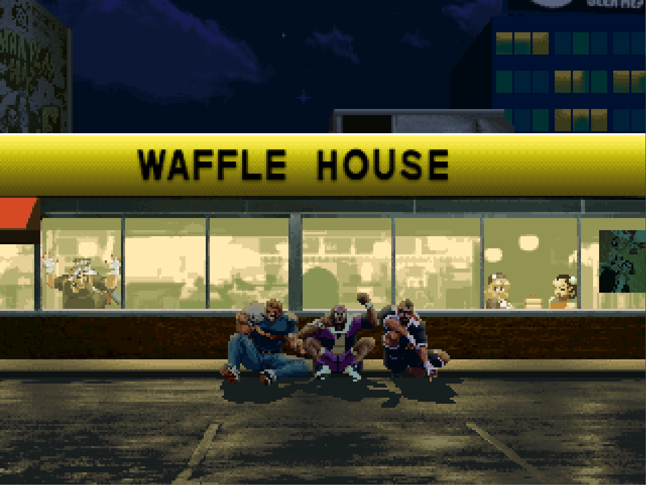 "Waffle House parking lot" by Valgallah